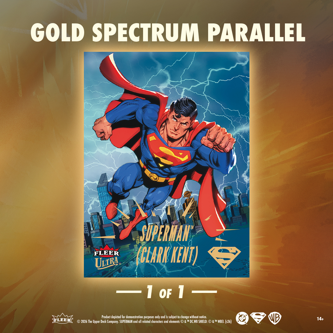 UpperDeckEnt's tweet image. Strike gold with the Fleer Ultra Superman trading card set! Chase rare 1 of 1 Gold Spectrum Parallels of your favorite heroes and villains! #dc #superman #upperdeck