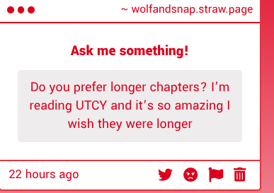 wolfandsnap's tweet photo. whatever fits the story best. Chapter length can affect pacing and tension, so for more intense stories, long chapters can actually take away from that. But I get what you mean. More quality content is always a win. https://t.co/DkipoLwUi1