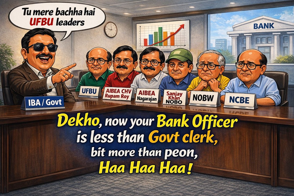 Fair_Banker's tweet photo. #AtParLIC
Dhuranddar to # UFBU Leaders: "Tu Mera bacche hai. Deko, abhi JMGS, govt clark ka neeche, peon se thoda uper as per 8CPC!"
@ChairmanIba Boss, muh meeta keejiye.
@nsitharamanoffc @nsitharaman @Official_SecDFS - Mission "Bill PSBs" complete
@idesibanda
@TamalBandyo https://t.co/Udgzj9Jddp