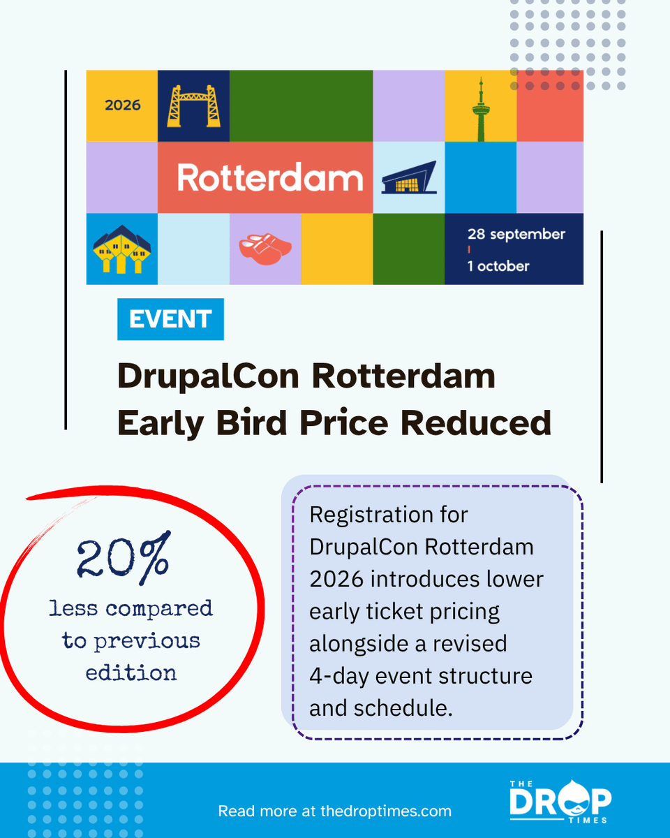 thedroptimes's tweet image. DrupalCon Rotterdam 2026 @DrupalConEur  opens registration with 20% lower early bird pricing. 

Tickets start at €650 with a revised 4-day format incl. summits + contribution day. 

bit.ly/3OaX3ii  

#Drupal #DrupalCon #OpenSource #Events