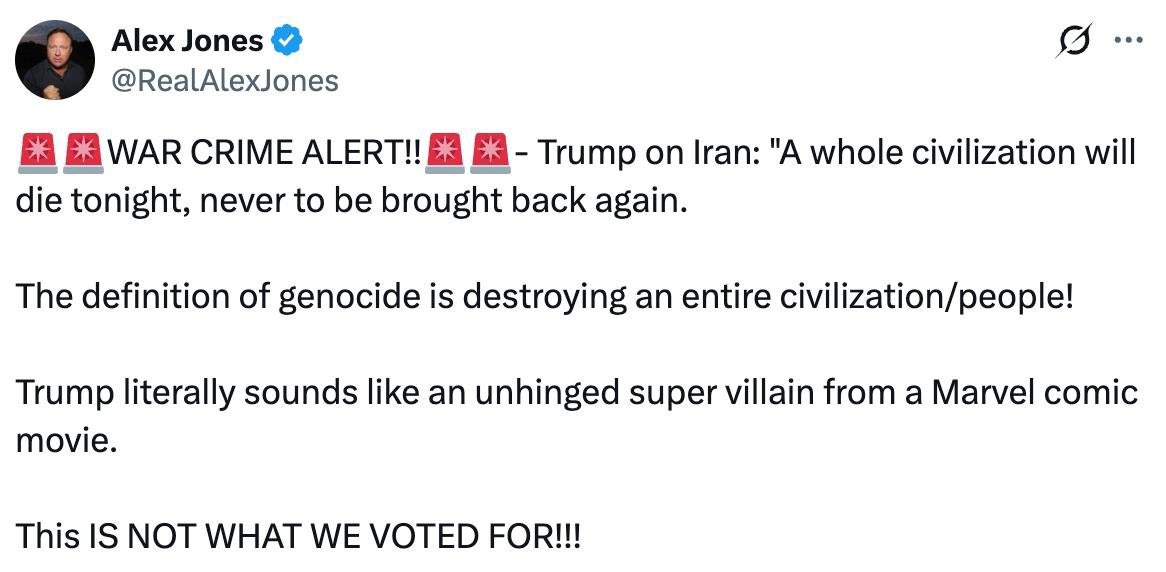 🇺🇸🇮🇷 "WAR CRIME ALERT - Trump klinkt letterlijk als een losge superschurk uit een Marvel COMIC MOVIE" - Alex Jones

"Dit IS NIET WAAR Amerikaan 🇺🇸 VOOR HEEFT GESTEMD!!!"
#Israël #IranWar‌ #iran #israel #TrumpsWars #americana2026