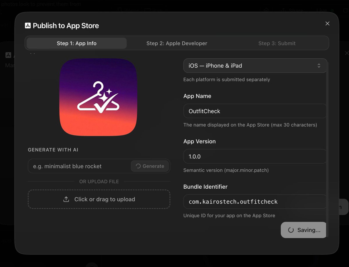 KCodes7777's tweet image. How I shipped OutfitCheck to the appstore in 3 steps?

no Xcode , no coding knowledge

→ step 1: build
describe your app in plain English to rork
it generates the full native app (screens, logic, design, everything).

→ step 2: publish
hit "Publish to App Store" 
fill in your