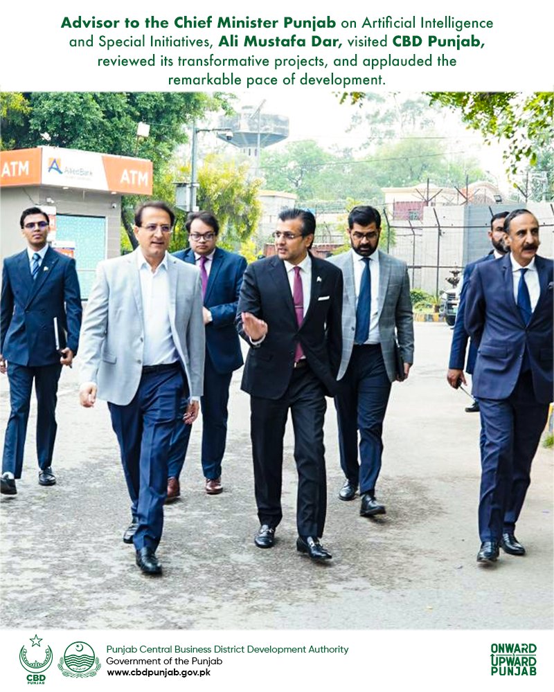 CBDPunjab's tweet photo. Advisor to the CM Punjab on Artificial Intelligence @SIPunjab, Ali Dar (@alimdar82), visited CBD Punjab HQ and was given an in-depth briefing by the Authority. The Advisor was later taken on a site visit of several districts of the CBD, including the NSIT. Mr. Dar applauded the quality and pace of development.

مشیر وزیراعلیٰ پنجاب برائے آرٹیفیشل انٹیلیجنس و خصوصی اقدامات، علی ڈار نے سی بی ڈی پنجاب ہیڈکوارٹرز کا دورہ کیا، جہاں اتھارٹی کی جانب سے انہیں تفصیلی بریفنگ دی گئی۔
بعد ازاں، مشیرِ اعلیٰ کو سی بی ڈی کے مختلف اضلاع بشمول این ایس آئی ٹی کا سائٹ دورہ بھی کروایا گیا۔جہاں اُن کی جانب سے ترقیاتی کاموں کے معیار اور رفتار کو سراہا گیا۔

#CBDPunjab #PremiumDevelopmentAuthority #NSITCity #CMPunjab #AliDar