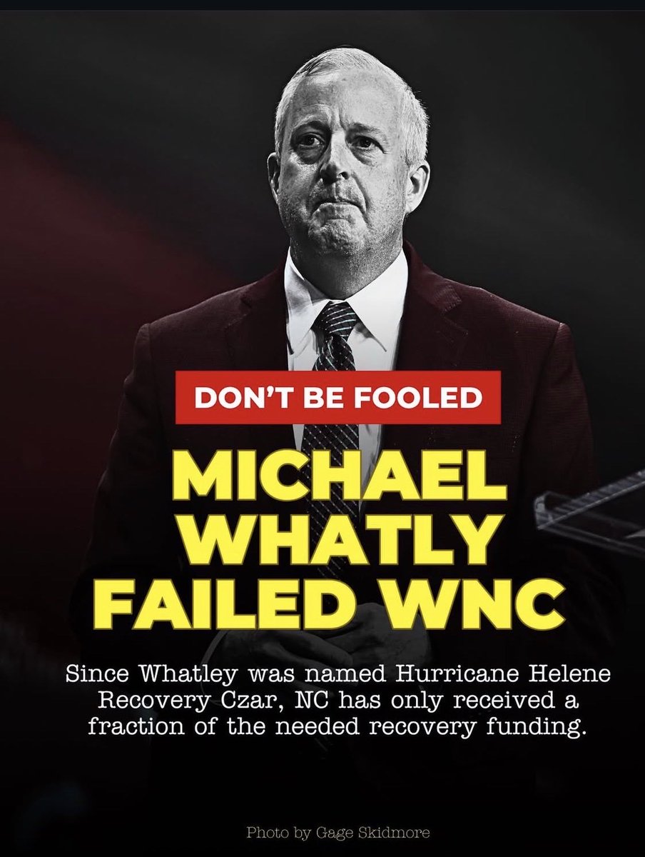 North Carolina communities are still rebuilding from Hurricane Helene, yet only a fraction of federal funding has arrived. As Trump’s appointed “recovery czar,” Michael Whatley has been largely absent when it matters most. #DontBeFooled #ncpol #carenc