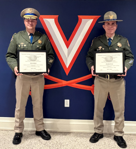 CHPCommissioner's tweet photo. Congratulations to CHP Assistant Chief Andy Poyner and Captain Gerardo Serrato on graduating from the Multi-State Police Command College at the @UVA. Their accomplishment reflects a strong commitment to leadership, innovation, and collaboration in public safety. https://t.co/2MDck7XJmY