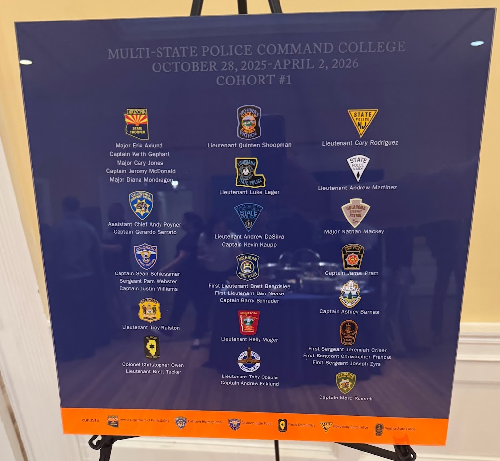 CHPCommissioner's tweet photo. Congratulations to CHP Assistant Chief Andy Poyner and Captain Gerardo Serrato on graduating from the Multi-State Police Command College at the @UVA. Their accomplishment reflects a strong commitment to leadership, innovation, and collaboration in public safety. https://t.co/2MDck7XJmY