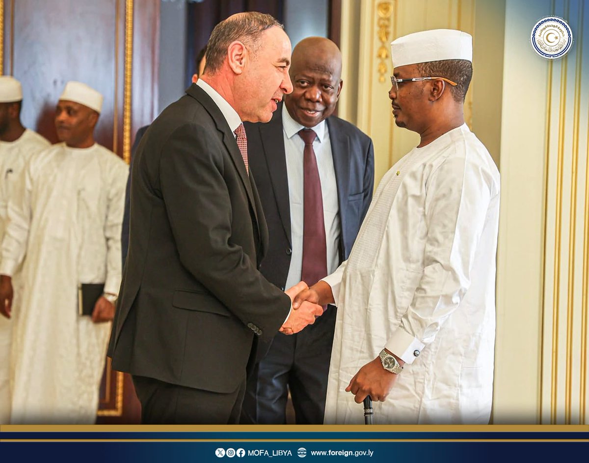Mofa_Libya's tweet photo. H.E, El-Taher Al-Baour, Acting Minister of Foreign Affairs, held a meeting on Tuesday, April 7, 2026, in the Chadian capital, N’Djamena, with His Excellency Marshal Mahamat Idriss Déby Itno, President of the Republic of Chad, in the presence of the accompanying delegation. https://t.co/SUnMVzBHvy