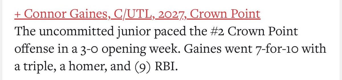 connor_gaines00's tweet photo. Thank you @PrepBaseballIN for the honorable mention for player of the week in the first week of the season. We just getting started. #goinnnnndown

@5StarNatGL27 @cphsbaseball https://t.co/XDELFNtymF