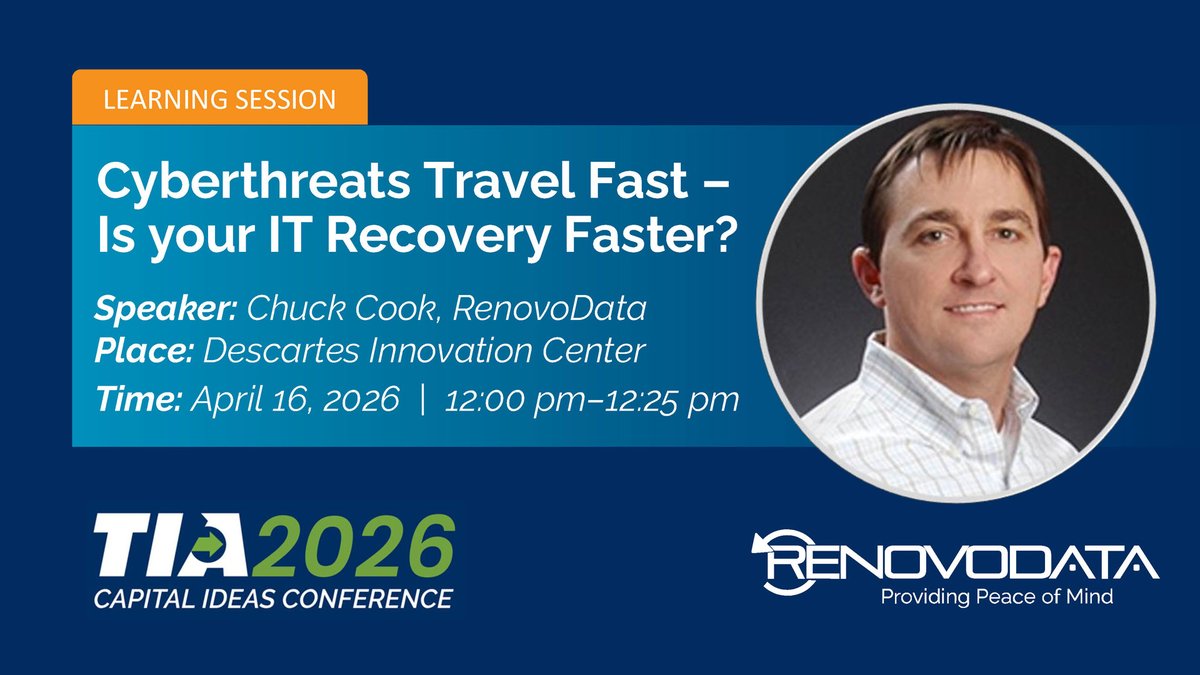 RenovoData1's tweet photo. Heading to the #TIACON2026 in Phoenix next week?
Be sure to catch this information packed Learning Session from President, Chuck Cook at RenovoData.

"Cyber Threats Travel Fast-Is Your IT Recovery Faster?
April 16th 12:00PM-12:25 PM

Hope to see you in Phoenix! https://t.co/aqXEikwEkB