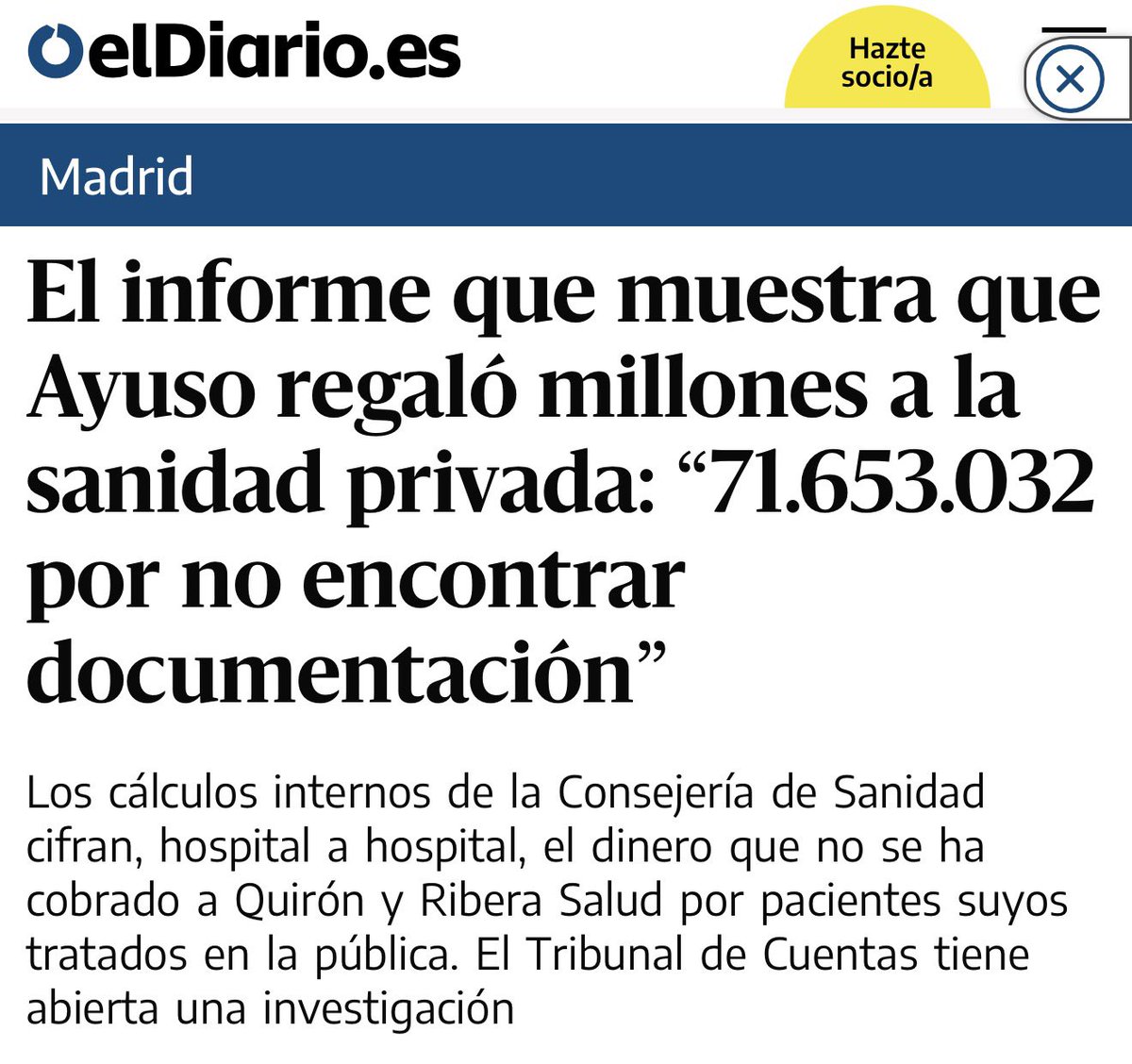 Ayuso no solo riega de dinero público a Quirón, sino que además le perdona las deudas. 

70 millones son más de 1.000 profesionales más para la sanidad pública, para reducir las listas de espera, avanzar en investigación o reforzar la atención primaria.