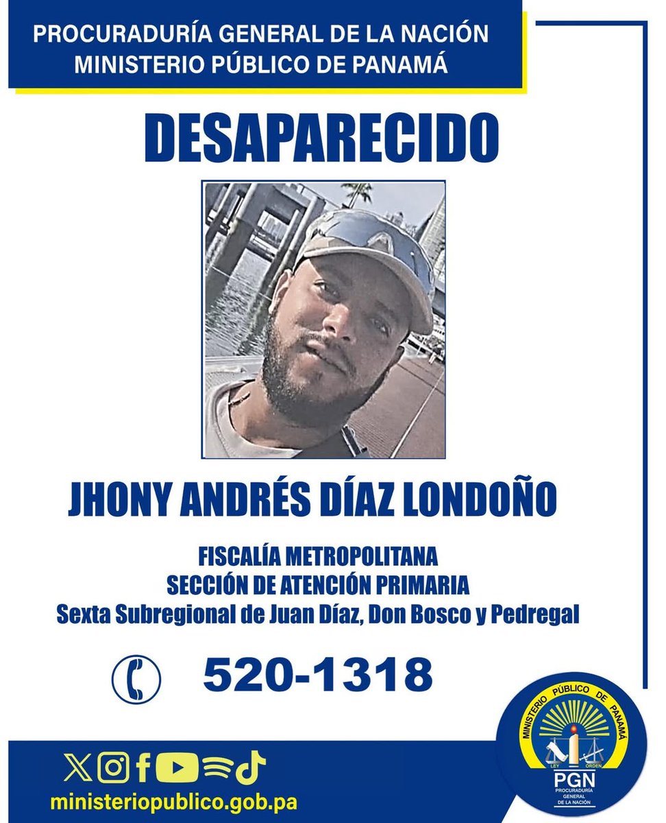 TReporta's tweet photo. El Ministerio Público adelanta una investigación por la desaparición de Joel Enrique Ábrego Rivera de 38 años, y Jhony Andrés Díaz Londoño de 32 años, quienes fueron reportados como desaparecidos en circunstancias coincidentes, el mismo día y en un mismo entorno geográfico en el sector de Juan Díaz.

La Unidad Especializada de Personas Desaparecidas mantiene activas las diligencias investigativas y labores de búsqueda, en coordinación con la Fiscalía Metropolitana, Sección de Atención Primaria, Sexta Subregional de Juan Díaz, Don Bosco y Pedregal, a su vez la Dirección de Investigación Judicial (DIJ).

El Ministerio Público solicita la colaboración de la ciudadanía para que cualquier persona que tenga información que contribuya a la ubicación de estos ciudadanos se comunique de manera confidencial a los teléfonos 520-1318, de la Sección de Atención Primaria Sexta Subregional o a la subestación policial más cercana.