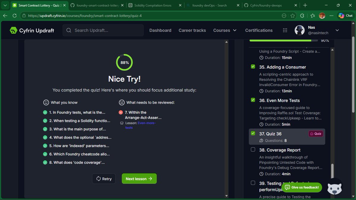 Nasintech's tweet image. Day 30 of becoming a Smart Contract Developer🔥

Today i learnt:
✅ Funding a Subscription
✅ Adding a Consumer
✅ Wrote lots of tests

Faced bugs, asked AI, and finally understood why testing matters before deployment.

Learning every day💪

@CyfrinUpdraft #Web3 #Foundry