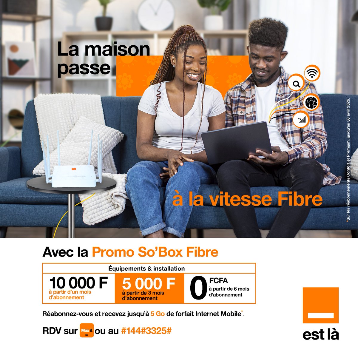 Orange_Mali's tweet photo. Vivez un mois d’avril riche en connexion avec la promo Fibre !
👉🏾Testez vite votre éligibilité ou réabonnez-vous ici 👉 https://t.co/eAbjmjkwyr
#Promo #SoBox #Fibre #OrangeMali #OrangeEstLà https://t.co/dlxg9VE69y