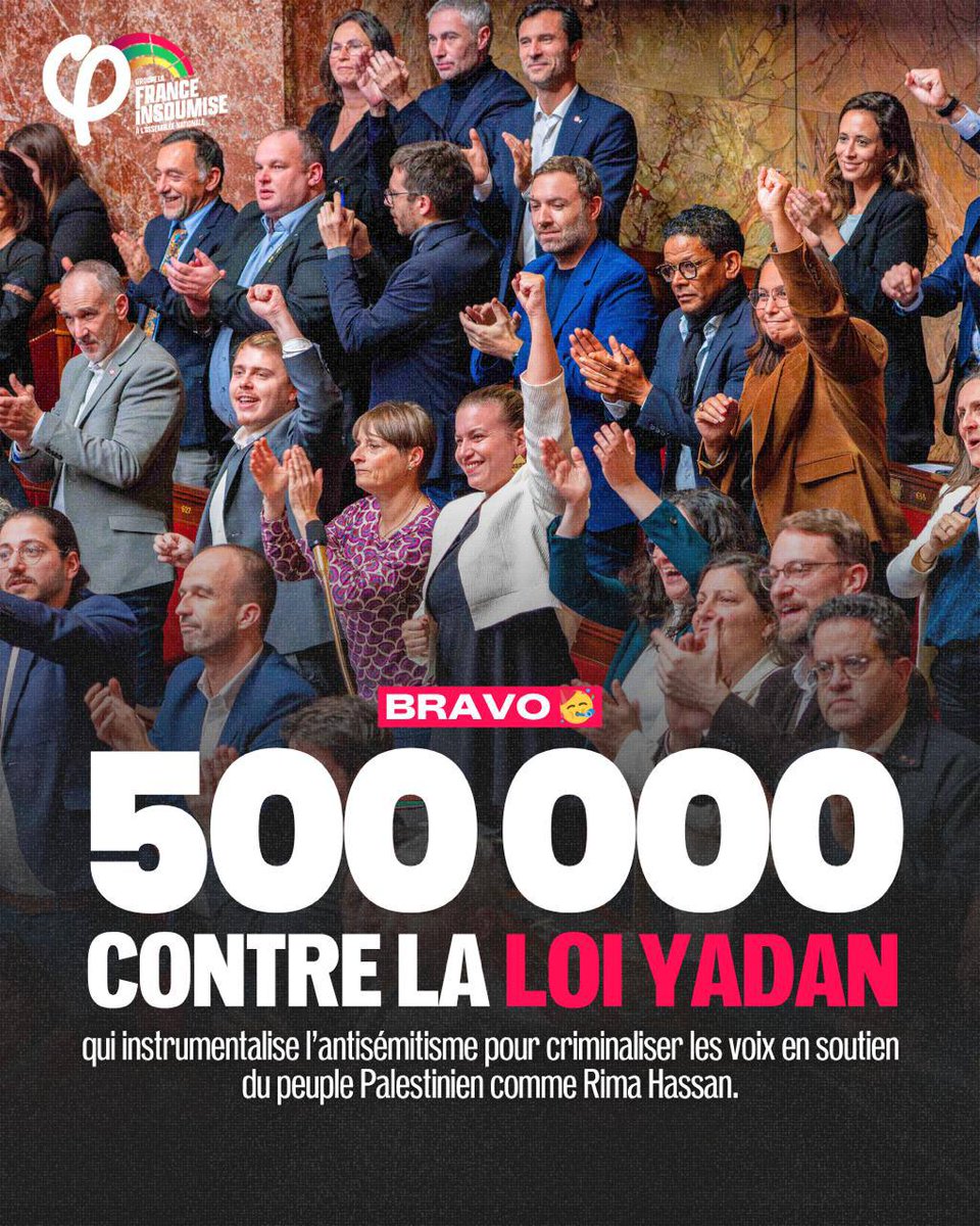 C'est fait ! 500 000 signatures contre la loi Yadan 🔥

Continuons la mobilisation jusqu'à son retrait ✊

#loiyadan #palestine