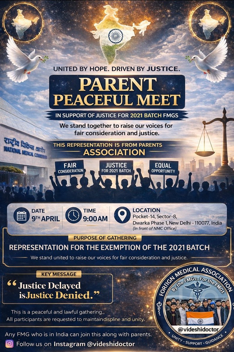 videshidoctor's tweet photo. On 09.04.2026
Peaceful gathering by FMG 2021 batch parents at NMC gate 
Requesting for 
One Time Relaxation from 
FMGL REGULATIONS 2021 
#ExemptionFromFMGL2021 https://t.co/dNUtUHOTr0