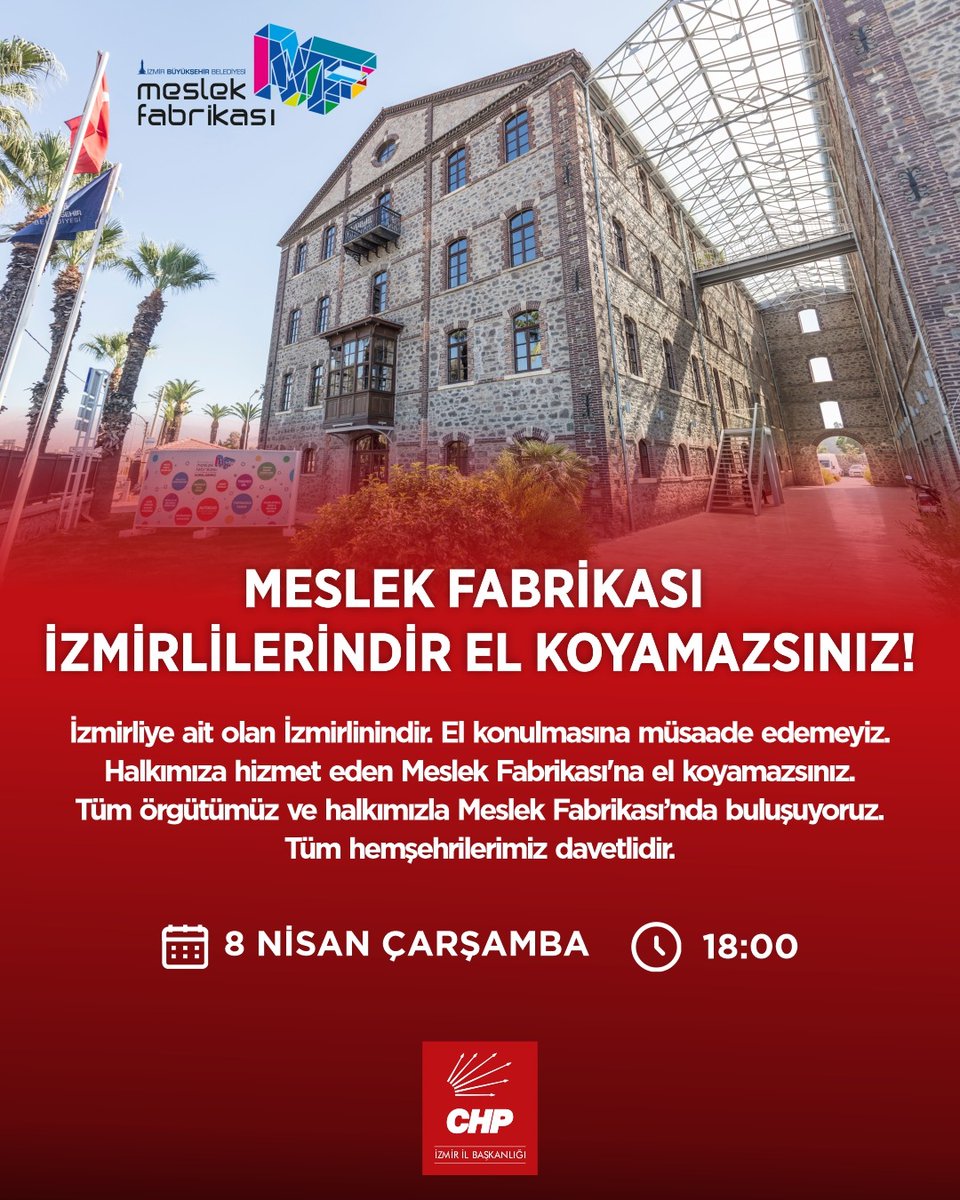 mvednanarslan's tweet photo. 1926'da Ulu Önderimiz Gazi Mustafa Kemal Atatürk'ün imzasıyla İzmirlilerin olan Meslek Fabrikasına hukuksuz bir şekilde el konulmak isteniyor. 

İzmirliye ait olan Meslek Fabrikamıza sahip çıkmak için tüm halkımızı 8 Nisan Çarşamba saat 18.00'da, Meslek Fabrikamızda buluşmaya, direnişi ve dayanışmayı büyütmeye davet ediyoruz.