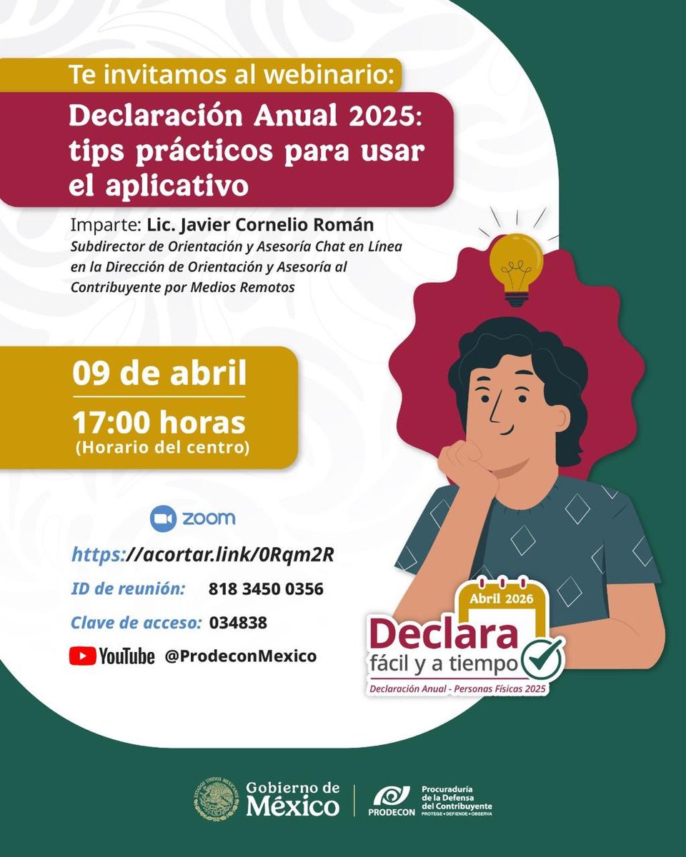 ProdeconMexico's tweet image. #WebinarioPRODECON 💻  

¿Tienes dudas para usar el aplicativo del SAT? 🤔

Te invitamos al webinario donde te explicaremos, de forma clara y sencilla, cómo entrar y hacer tu #DeclaraciónAnual2025 paso a paso. 👩‍💻

✍🏼 🔗Acompáñanos y regístrate a nuestro webinario ➡️