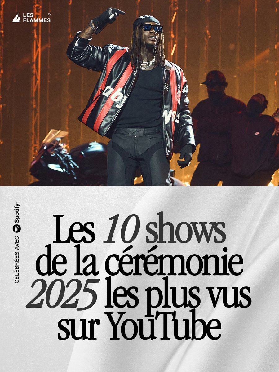 FlammesAwards's tweet photo. Une célébration et ses moments de légende : retour sur Les Flammes 2025 avec les 10 performances les plus vues sur YouTube de la première édition de la cérémonie.

Rendez-vous le jeudi 23 avril pour #LesFlammes2026, en direct de @laseinemusicale. https://t.co/jz4qz5JToY