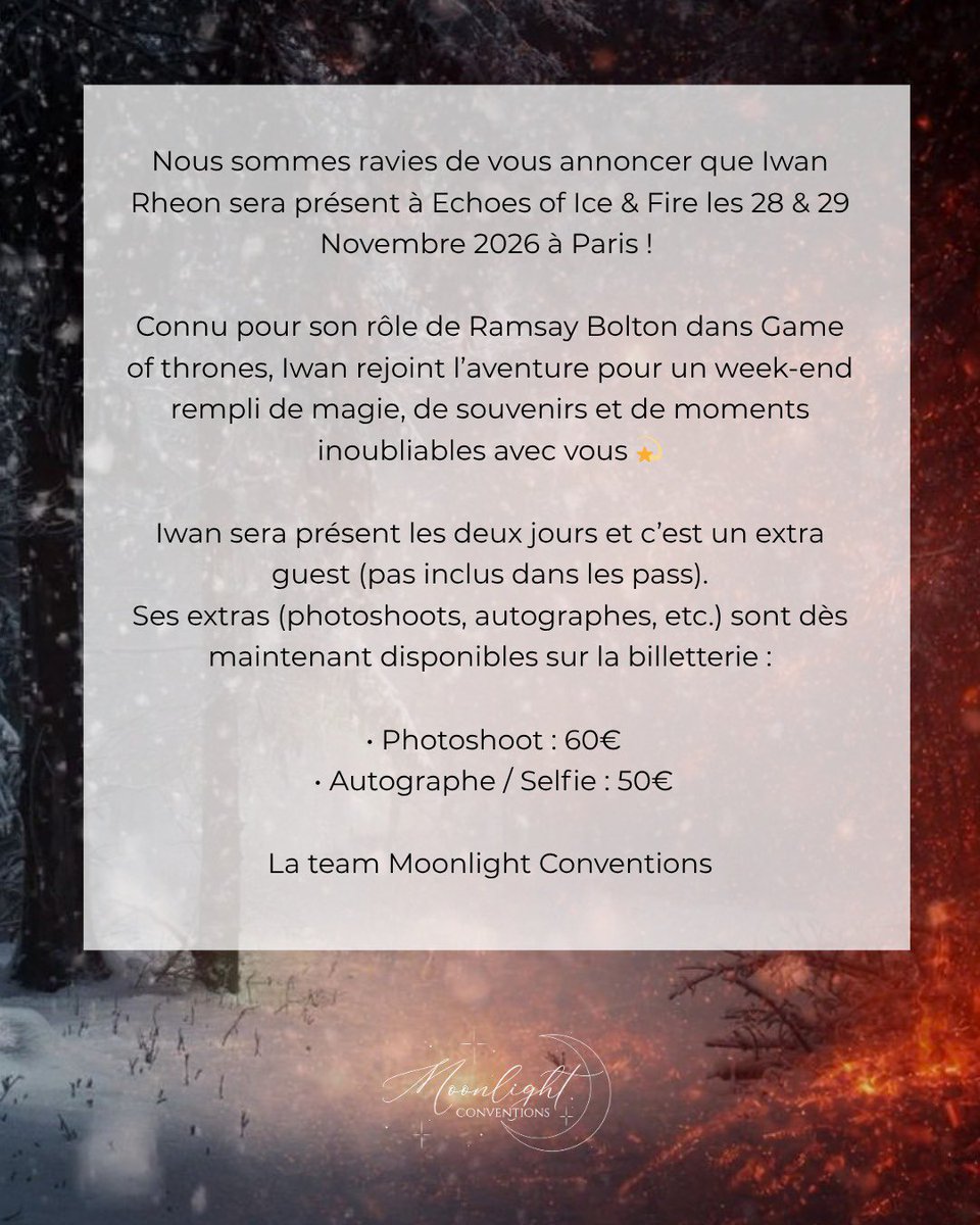 Bonjour à tous,

Nous sommes heureuses de vous annoncer que Iwan Rheon (aka Ramsay Bolton) rejoint notre guest list pour la Echoes of Ice &amp; Fire ⚔️🔥
Ses extras sont disponibles sur la billetterie !

billetweb.fr/echoes-of-ice-…