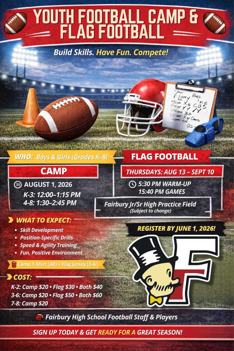 🚩🏈 Summer Flag Football information: Forms will be available in school offices starting this week!