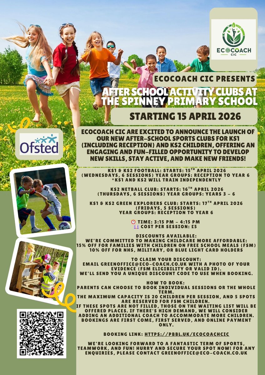 ecocoachcic's tweet image. WAC at St George’s returns from 21st April

After-school clubs start next week at Hawthorn &amp;amp; The Spinney

Simple, structured sessions — active play, creativity, and safe, child-centred care.

Spaces are limited.

Book here:
pbbl.uk/ecocoachcic

#EcoCoach