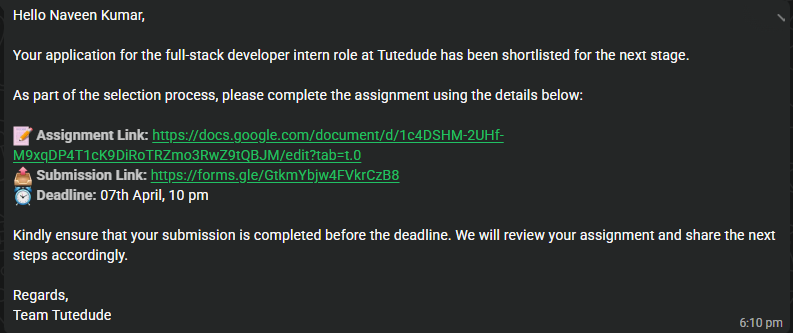NaveenKumar2456's tweet photo. Excited to share that I’ve been shortlisted for the Full Stack Developer Intern role at Tutedude 🚀
Completed my assignment: Virtual Cosmos 🌌
Looking forward to the next step!
#FullStack #DevJourney #Tutedude https://t.co/fQcXzwY4lm