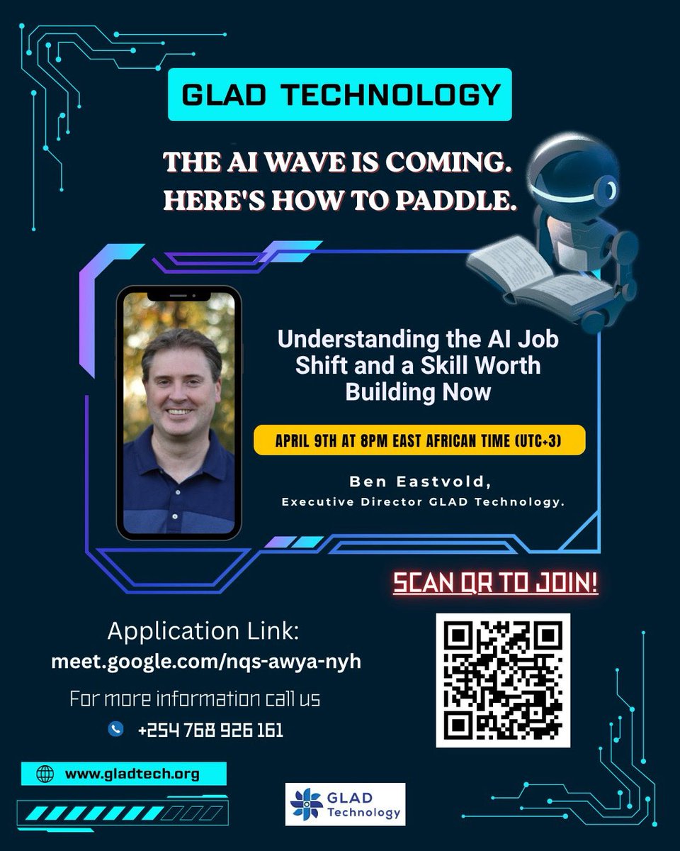 GladTechnology's tweet photo. Jobs are changing. Some are disappearing. And the headlines aren’t slowing down.

Come join us for some real talk and hands-on practice.

9th April 2026 8:00 to 9:30 PM EAT (60-min workshop + 30-min Q&amp;A
Google Meet : https://t.co/gK5GI1vMHK

#GLADTechnology #TechEducation #AI https://t.co/J9oz4PLtuC