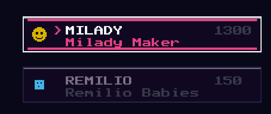 Milady Experience (Project Miladygotchi) v1.1: The REMILIO Update

- Menu: New game / Load Game

- REMILIO Added, select it on a new game.

Cheese: A mysterious cheese appears with his own medieval soundtrack. You can claim cheese every 4 minutes (cooldown timer visible on