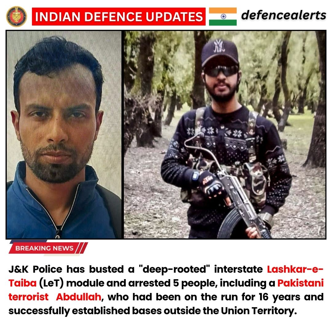 defencealerts's tweet image. J&amp;amp;K Police has busted a "deep-rooted" interstate Lashkar-e-Taiba (#LeT) module and arrested 5 people, including a #Pakistani #terrorist Abdullah, who had been on the run for 16 years and successfully established bases outside the Union Territory.