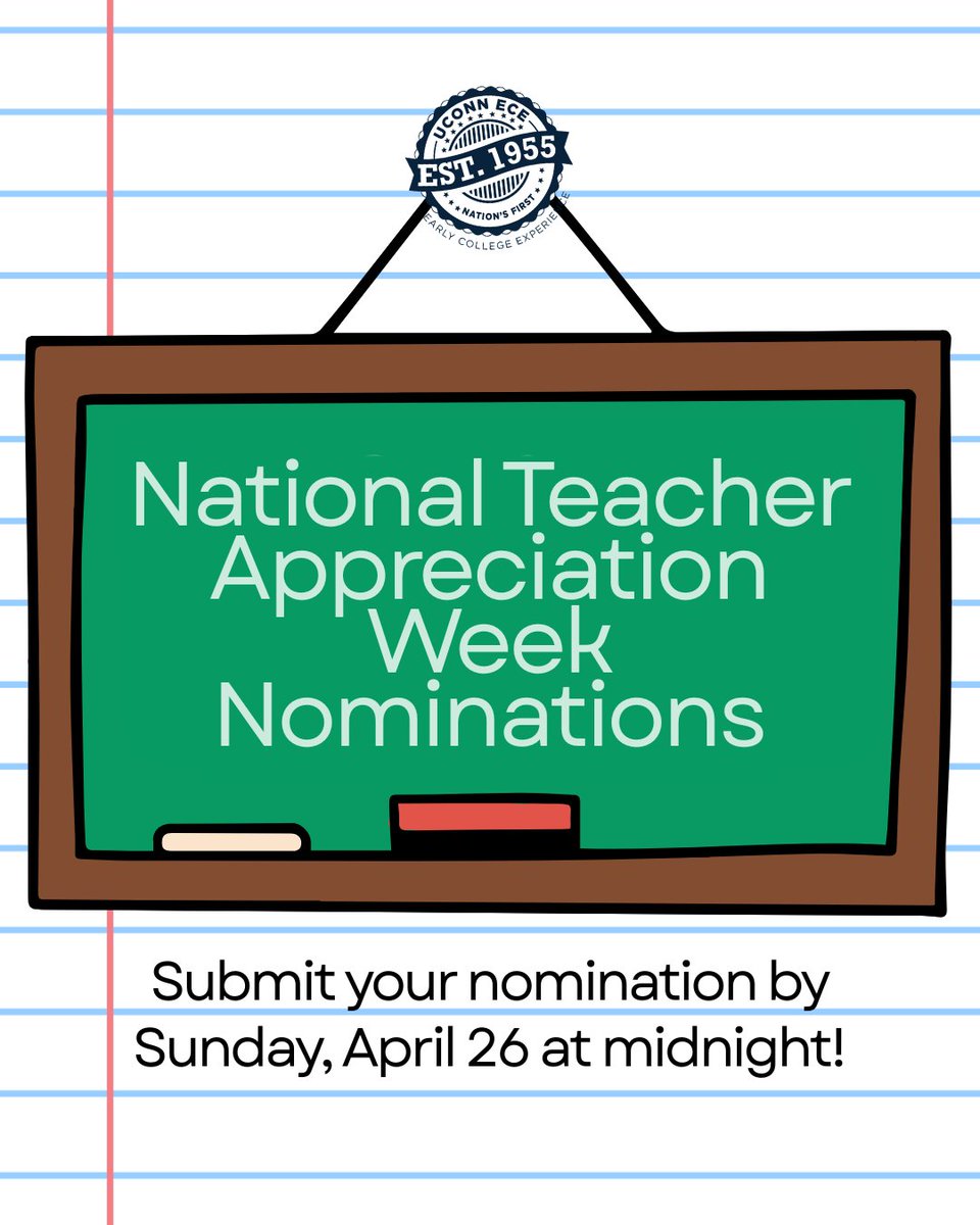 uconnece's tweet image. May 4–8, 2026 is National Teacher Appreciation Week! Help us recognize the educators who go above and beyond by sharing a few kind words and nominating your favorite UConn ECE Instructor.

Submit your nomination by Sunday, April 26 at midnight
uconn.co1.qualtrics.com/jfe/form/SV_4Y…
#uconnece