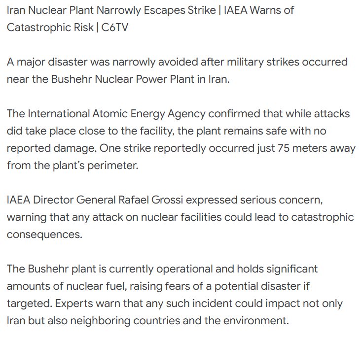 C6tvchannel's tweet image. Iran Nuclear Plant Narrowly Escapes Strike | IAEA Warns of Catastrophic Risk | C6TV

#Iran 
#NuclearPlant  
#GlobalSecurity  
#RafaelGrossi 
#IranNuclear
#IAEA
#MiddleEast
#BreakingNews
#WorldNews
#NuclearRisk
#GlobalNews
#LatestNews
#Geopolitics
#Environment
#C6TV
