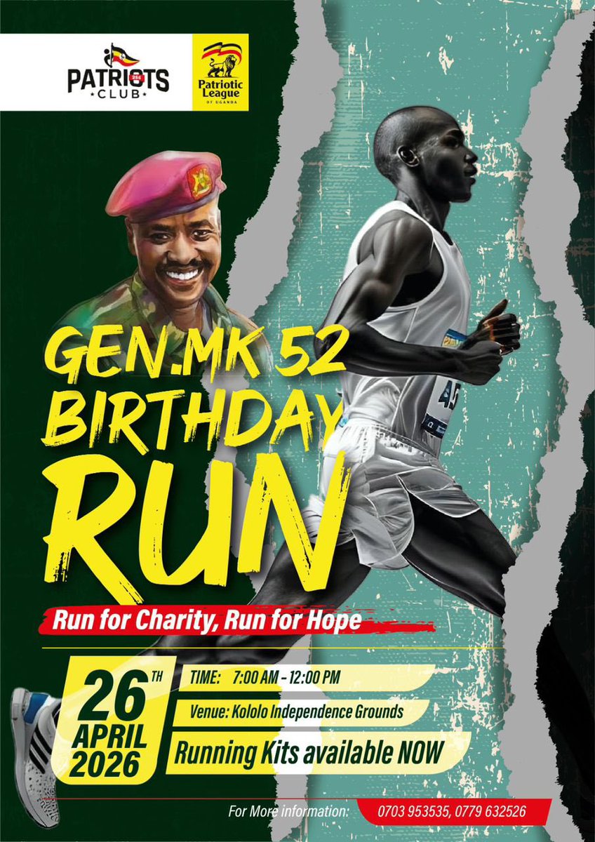 MwesigyeFranks's tweet photo. CONFIRMED: Gen. Muhoozi Kainerugaba’s 52nd Birthday Run

This year’s run is dedicated to charity and hope. We shall meet at Kololo Independence Grounds at 7:00 AM sharp on 26th April 2026.

Running kits are now available.

Let’s run for a cause and make a difference together. https://t.co/BisNp5bj2x