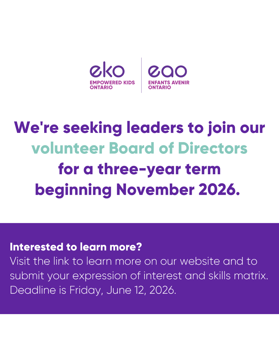EmpoweredKidsON's tweet image. We're looking for three individuals to join our Board of Directors!
bit.ly/4mfggfq

Apply now and help shape the future for the one in six Ontario kids with disabilities and developmental needs, their families, and their communities.

#DevelopmentalHealthcare #KidsHealth