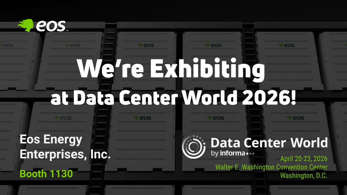 PoweredByEos's tweet image. Eos is exhibiting at @DataCenterWorld 2026, where industry leaders will convene to address the growing intersection of data center expansion, energy demand, and grid reliability.

As energy storage evolves beyond backup applications, Eos will highlight the power challenges facing