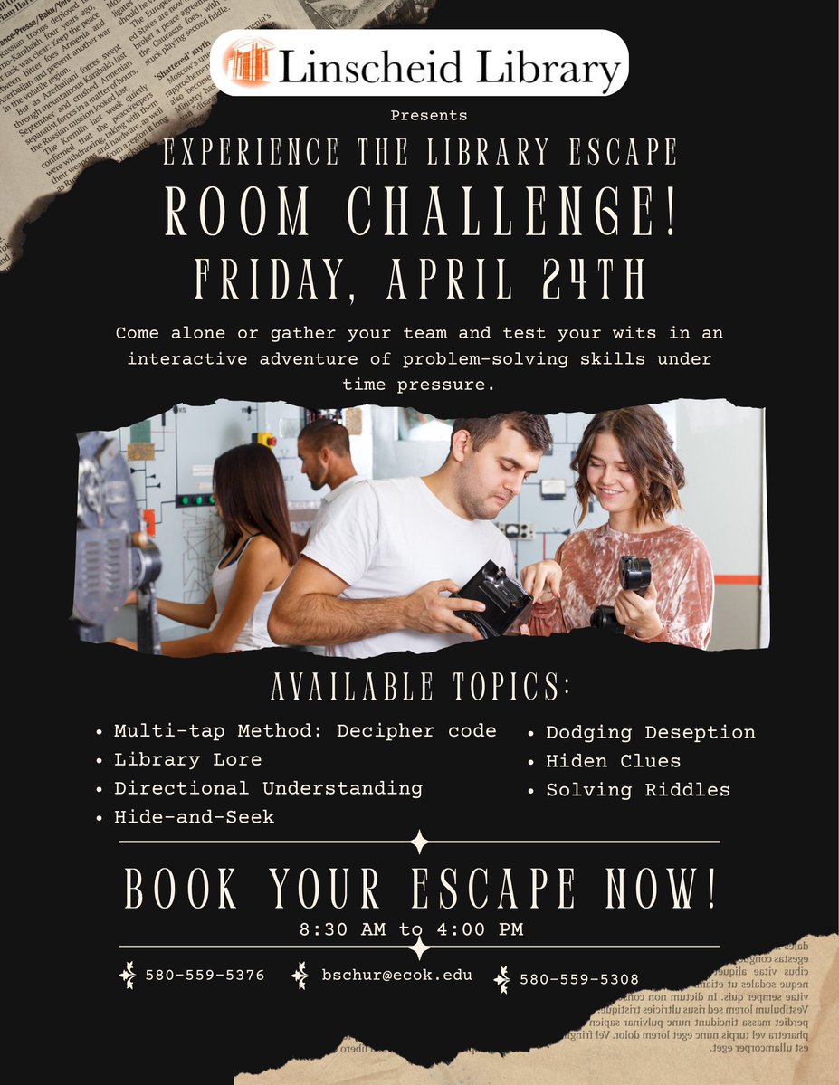 Who enjoys a good Escape Room Challenge? Mark your calendar to experience the library escape room challenge on Friday, April 24th. Contact us to book your interactive adventure today! Participants will receive a fun certificate. #ecoklibrary #ECUtigers #ECUTigerUpdates