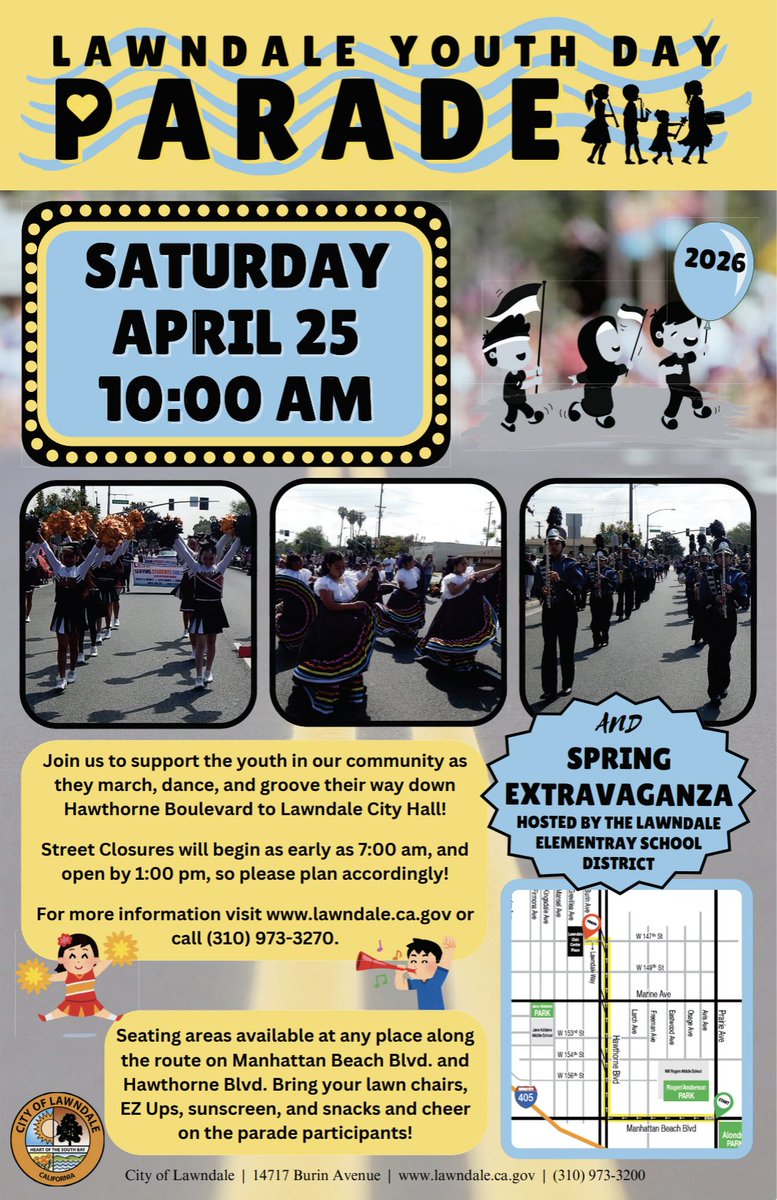 Watch out, Lawndale! April 25th (Saturday) is the date of our annual Youth Day Parade and Spring Extravaganza! Join us on Hawthorne Boulevard and Lawndale City Hall for a wonderful celebration including live performances, floats, and more!
