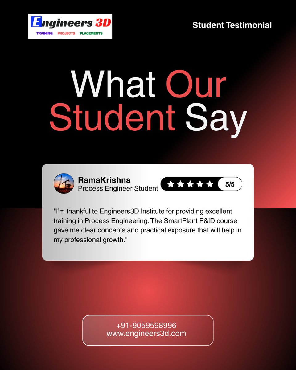 Engineers3d's tweet image. "From learning basics to mastering SmartPlant P&amp;amp;ID, this student’s journey at Engineers3D Institute is all about growth, skills, and confidence! Real training. Real impact. Ready for the real world 🚀"

#Engineers3D #ProcessEngineering #SmartPlantPID #EngineeringLife #SkillUp