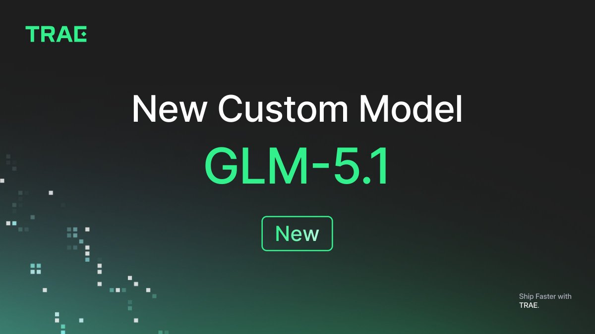 Trae_ai's tweet image. GLM-5.1 is now available in TRAE IDE and SOLO as a custom model.

GLM-5.1 is @Zai_org's next-generation flagship model for agentic engineering, achieving SOTA performance on SWE-Bench Pro.

Start building with TRAE and GLM now!