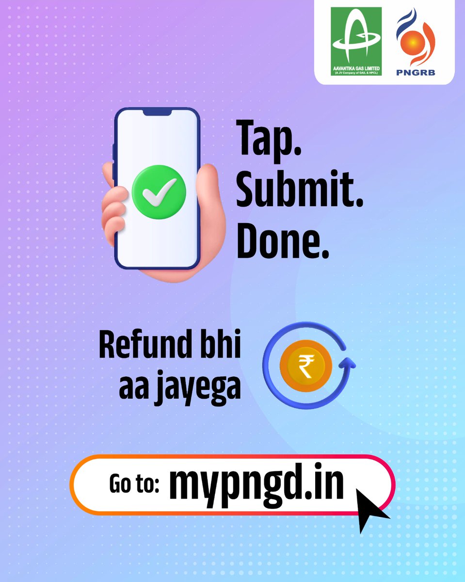 AavantikaGas's tweet image. Tap. Submit. Done. ✅
अब PNG कनेक्शन और भी आसान! Apply करें, process पूरा करें और refund भी आसानी से पाएं — सब कुछ एक ही जगह पर

#avantikagaslimited #PNGConnection #EasyProcess #GasConnection #DigitalIndia #Indore #ApplyNow #HassleFree #SmartLiving #GoDigital #PNGIndia