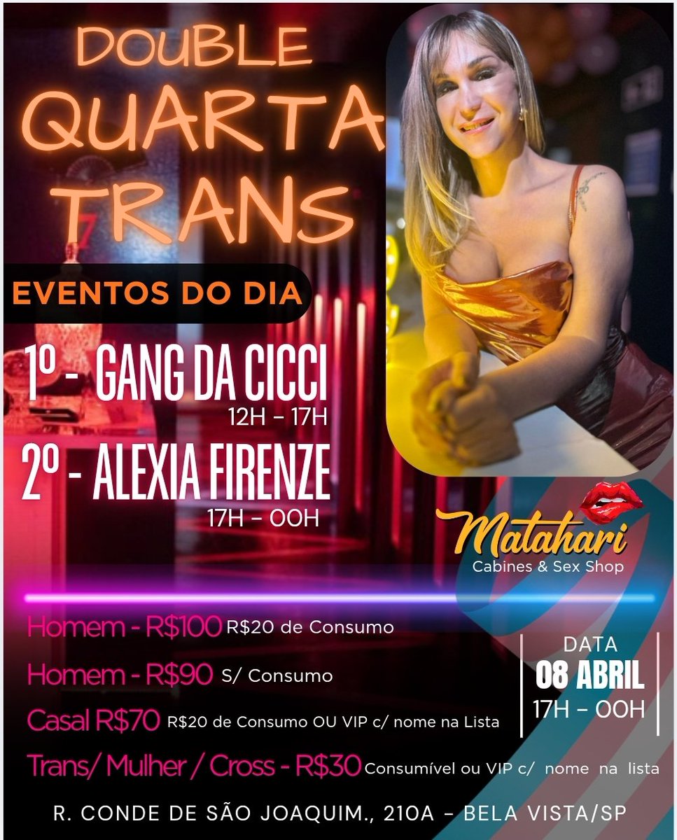 MatahariCabines's tweet photo. ✨QUARTA TRANS✨
Alexia Firenze &amp; amigas - 17h até 00h

🏡 MATAHARI CABINES
📍R. Conde de São Joaquim, 210A

A casa conta com:
🍹 BAR COM VALORE ACESSÍVEIS
🚪 CABINE SADO FETICHISTA
📛 CABINE PRIVADO CASAL
🕳 CABINES GLORY HOLE
🚬 AREA DE FUMANTE https://t.co/o2R6AG0II4