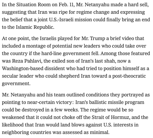 Deeply reported story by <a href="/maggieNYT/">Maggie Haberman</a> and <a href="/jonathanvswan/">Jonathan Swan</a> about an extraordinary pitch/presentation Netanyahu made to convince Trump to go to war with Iran, including catastrophically wrong Israeli assumptions about how easy it would be to win.
