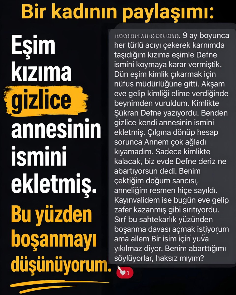 Bir kadının paylaşımı: 😳
“9 ay boyunca her türlü acıyı çekerek karnımda taşıdığım kızıma eşimle Defne ismini koymaya karar vermiştik. 

Dün eşim kimlik çıkarmak için nüfus müdürlüğüne gitti. Akşam eve gelip kimliği elime verdiğinde beynimden vuruldum. Kimlikte Şükran Defne