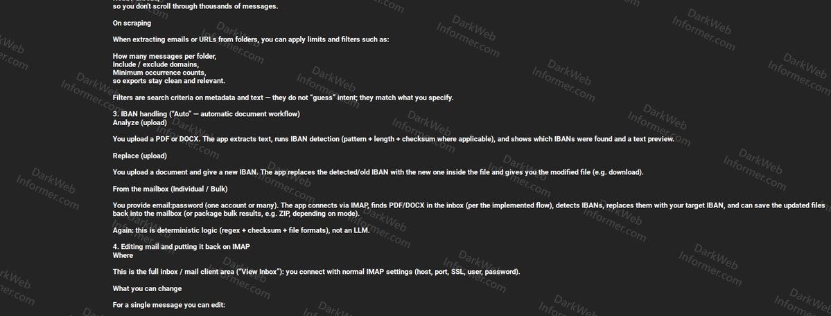 DarkWebInformer's tweet image. ‼️ Threat actor JINKUSU advertises OMNITRIX IMAP service offering email account monitoring, attachment interception, IBAN replacement in documents, and email editing capabilities via IMAP access.

The service appears designed for unauthorized access to email accounts and