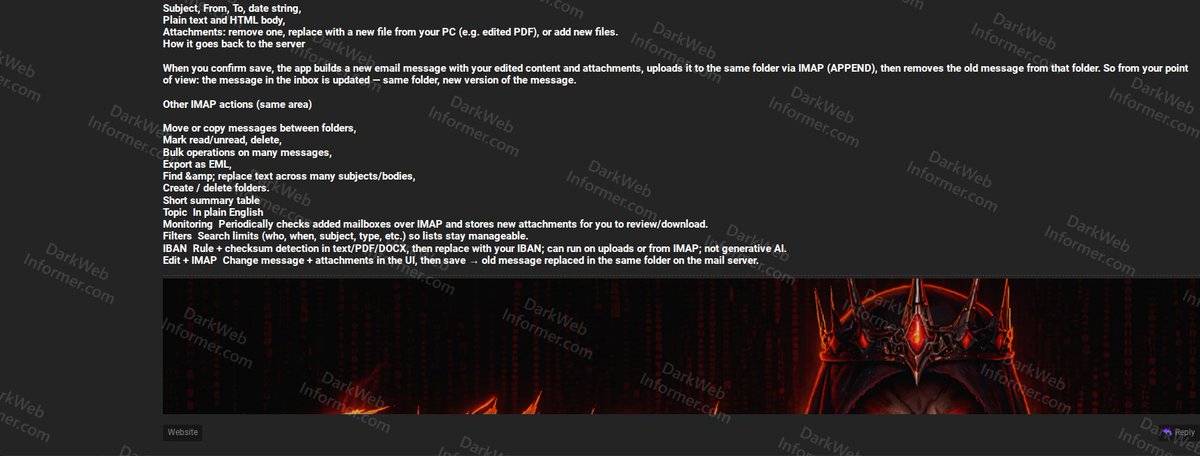 DarkWebInformer's tweet image. ‼️ Threat actor JINKUSU advertises OMNITRIX IMAP service offering email account monitoring, attachment interception, IBAN replacement in documents, and email editing capabilities via IMAP access.

The service appears designed for unauthorized access to email accounts and
