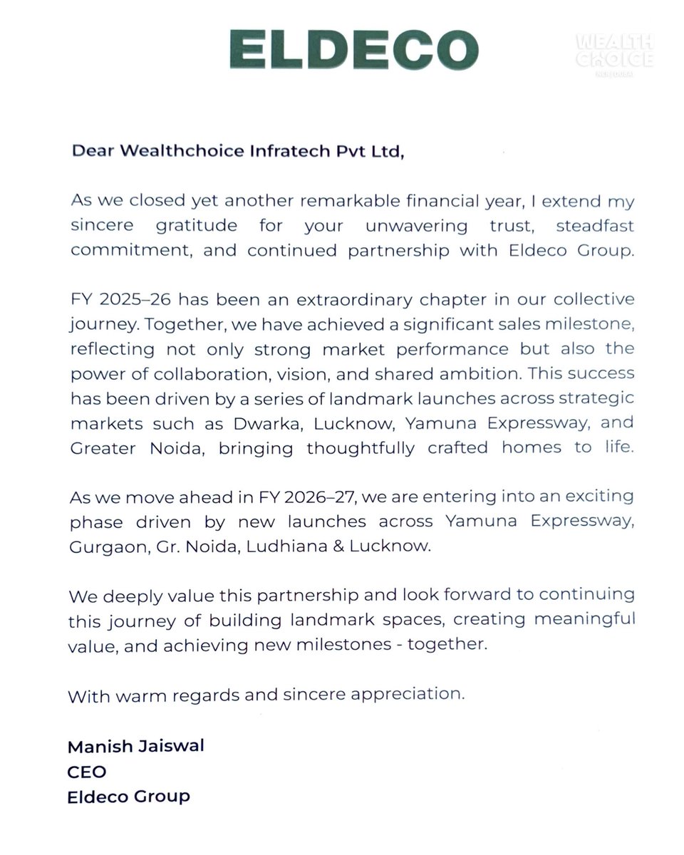 wealthchoice_'s tweet image. Proud moment for Wealthchoice! 🏆

Honored to receive the Trusted Partner Award FY 2025–26 from Eldeco Group. A testament to trust, performance &amp;amp; client confidence.

📞 +91 95605 63017

#Wealthchoice #Eldeco #RealEstate #Noida #Investment #Trust #Award