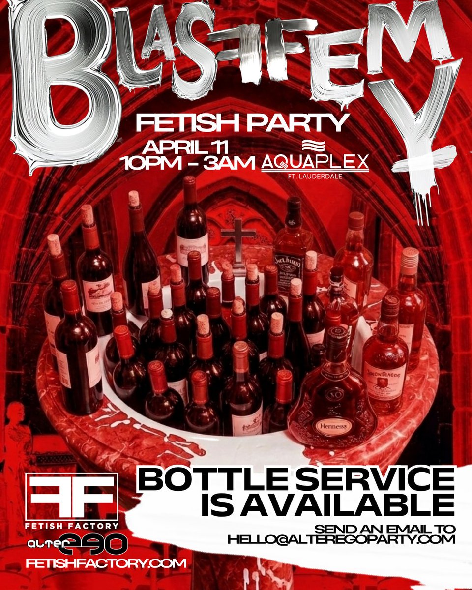 fetishfactory's tweet image. Drink from the font of bottle service available for BLASFFEMY Fetish Party, happening at Aquaplex on April 11th. Get your drink orders in by emailing hello@alteregoparty.com!
#alternativelifestyle #alterego #alternativefashion #blasffemy #party #bottleservice