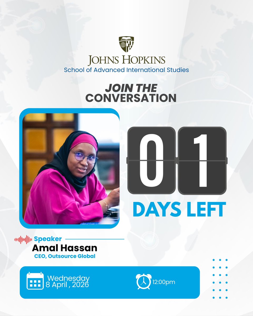 OutSourceGbl's tweet photo. 1 day to go.

Tomorrow, Amal Hassan speaks at Johns Hopkins SAIS, where Outsource Global’s journey first began.

From Kano to building jobs at scale across Africa.

🗓️ April 8 | 12PM | Washington, D.C.

#OutsourceGlobal #AmalHassan #SAIS #AfricaToTheWorld https://t.co/mVFAmzTvaW