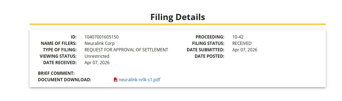 cryptoworldfed's tweet photo. Neuralink Corp. TO SUBMIT NEW TICKER FOR NASDAQ

NeuralinkCorp. has initiated the process of reserving a ticker symbol for listing on the NASDAQ, according to FCC-referenced filings.

Ticker submission is typically an early procedural step ahead of a potential public listing. No details on timing have been disclosed.

https://t.co/Qicim5CPjU

source: FCC