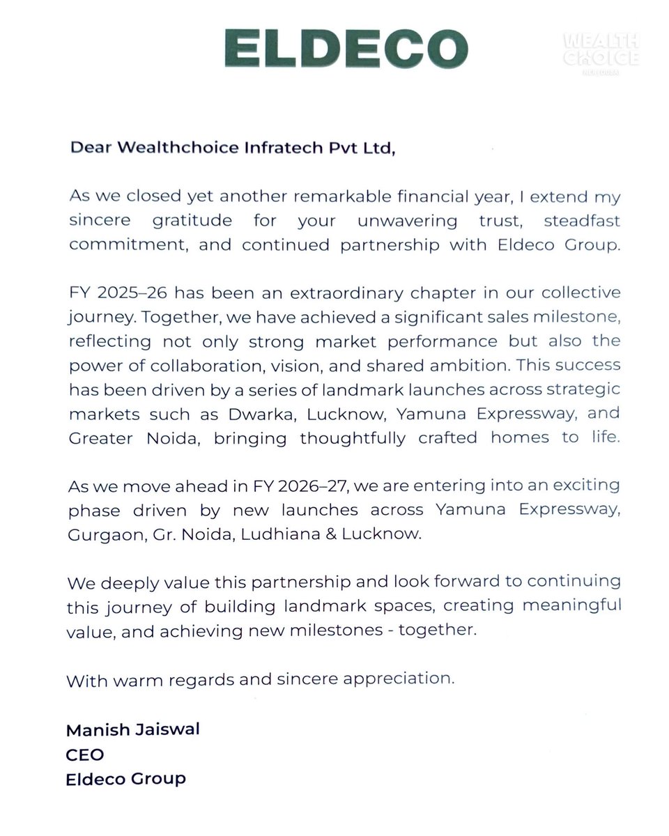 WealthchoiceUAE's tweet image. Proud moment for Wealthchoice! 🏆

Honored to receive the Trusted Partner Award FY 2025–26 from Eldeco Group. A testament to trust, performance &amp;amp; client confidence.

📞 +91 95605 63017

#Wealthchoice #Eldeco #RealEstate #Noida #Investment #Trust #Award
