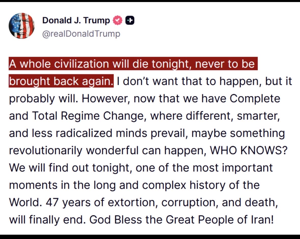 Thieristan's tweet photo. The civilization dying may be our own. If every other American leader has agreed on one thing, it’s that America stands for democracy, freedom, justice, human rights, and the rule of law. We build the norms and systems that stop war crimes and mass atrocities, not commit them! https://t.co/KYho6sLw7D
